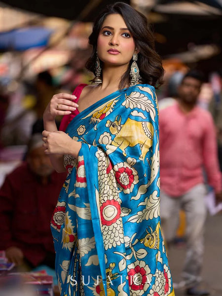 Blue Tussar Silk Saree with Bold Kalamkari Motifs