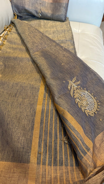 Dual Tone Grey Silver Gold Tone Tissue Linen Saree