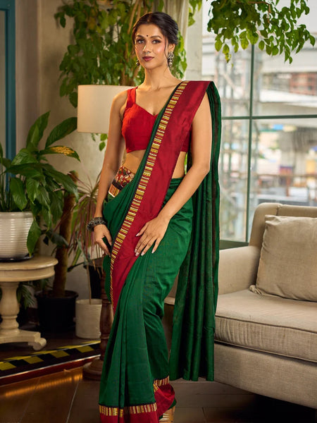 Bottle Green Cotton Saree with Contrast Maroon Border & Hand Painted Pen Kalamkari Pallu