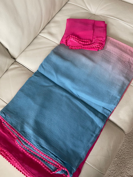 Pastel Blue Pink Multicolored Pure Georgette Chiffon Alia Bhatt Saree
