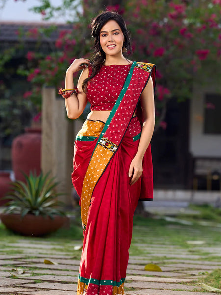 Crimson Cotton Jacquard Saree with Mustard & Red Bandhani Accents