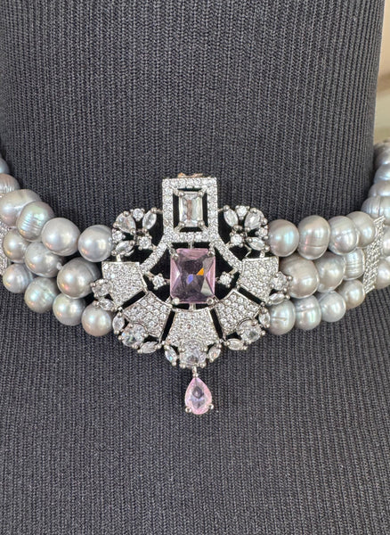 Natural Freshwater Gray Real Pearl Set with CZ and Pinkish Lavender Stone