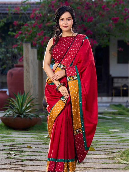 Crimson Cotton Jacquard Saree with Mustard & Red Bandhani Accents