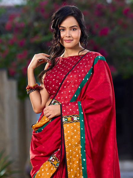 Crimson Cotton Jacquard Saree with Mustard & Red Bandhani Accents