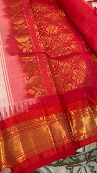 White and Red Cotton Gadwal Saree