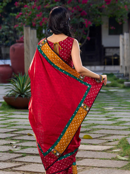 Crimson Cotton Jacquard Saree with Mustard & Red Bandhani Accents