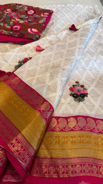 White Soft Silk Saree with French Knots and Kantha Stitch with Zari Border