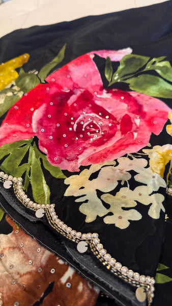 Black Multicolor Crepe digital print with pearl and Katdana borders