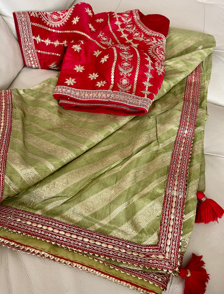 Mint Green Pistachio Muga Silk Saree with Red Readymade Blouse