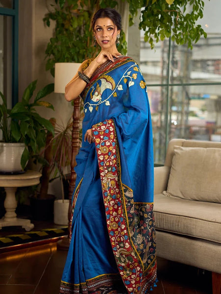 Blue Cotton Saree with Gond Painting & Multicolor Ikat & Kalamkari Border