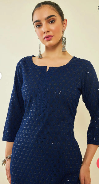 Navy Blue Rayon Sequin Embroidered Boat-Neck Straight Kurta