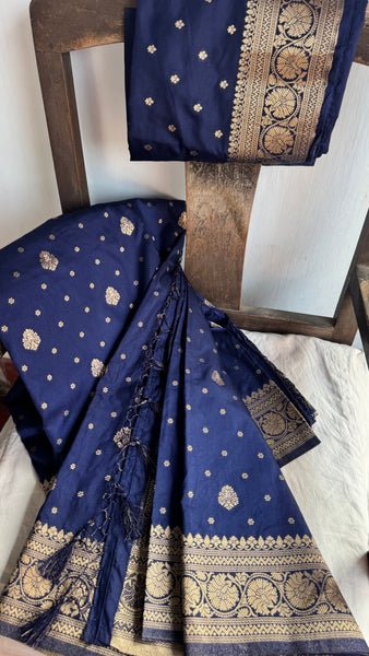 Navy Blue and Gold Pure Tussar Crepe Silk Saree