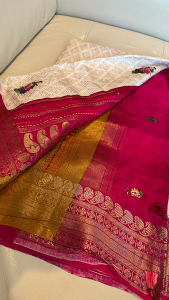 White Soft Silk Saree with French Knots and Kantha Stitch with Zari Border