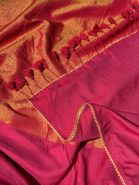 Maroon and gold half-and-half saree with Gota patti and Samosa lace