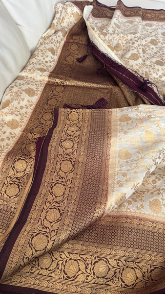 Off White Banarasi Crepe Silk Saree with Deep Purple Border