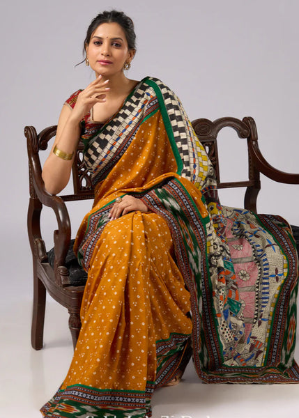 Yellow Bandhani print rayon saree with hand painted Madhubani art