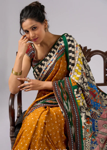 Yellow Bandhani print rayon saree with hand painted Madhubani art