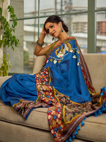 Blue Cotton Saree with Gond Painting & Multicolor Ikat & Kalamkari Border