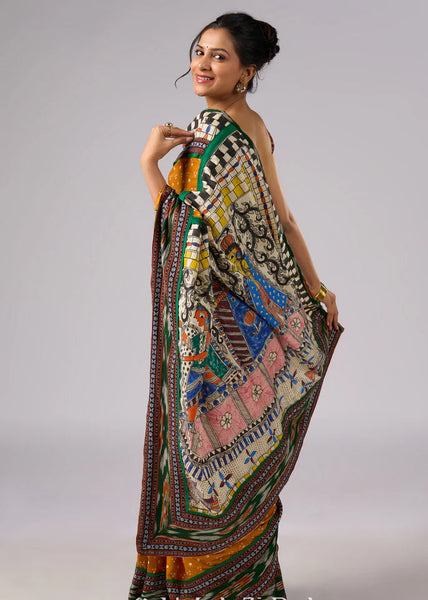Yellow Bandhani print rayon saree with hand painted Madhubani art