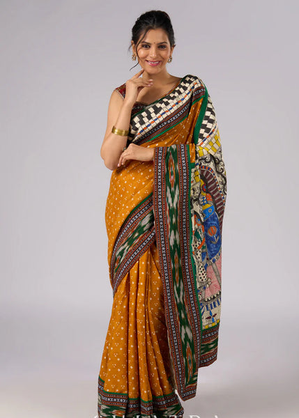 Yellow Bandhani print rayon saree with hand painted Madhubani art