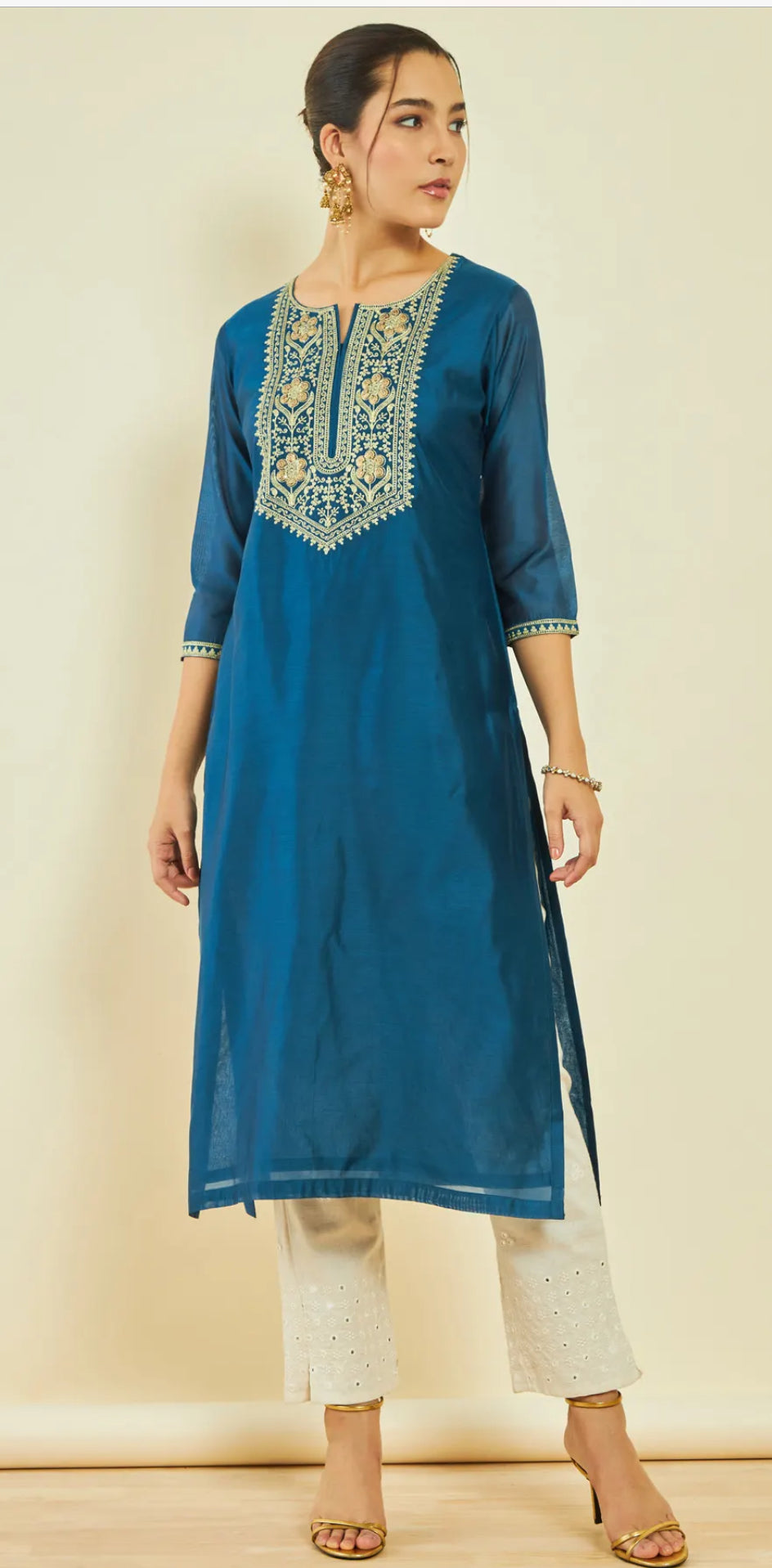Blue Chanderi Floral Embroidered Straight Kurta with Sequin Details