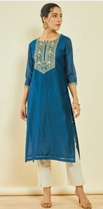 Blue Chanderi Floral Embroidered Straight Kurta with Sequin Details
