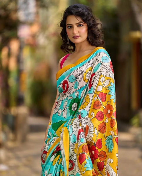 Aqua Blue Tussar Silk Saree with Statement Kalamkari Print