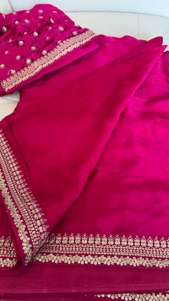 Fuchsia Pink Crepe Silk Saree with Zardosi Border