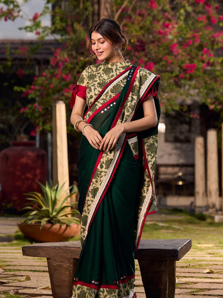 Dark Green Silk Saree with Natural Floral Print Border