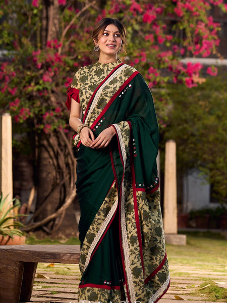 Dark Green Silk Saree with Natural Floral Print Border