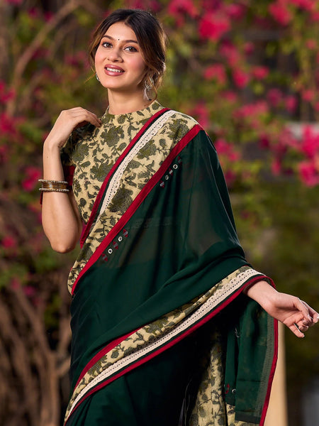 Dark Green Silk Saree with Natural Floral Print Border
