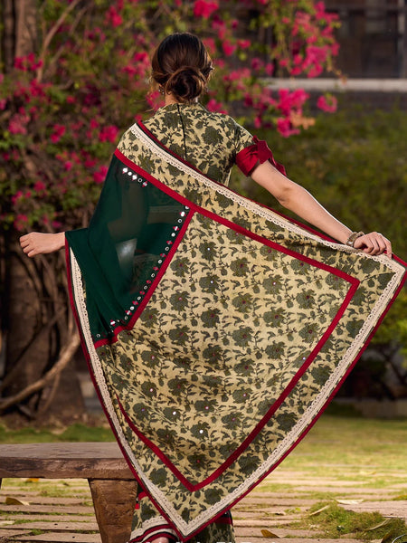 Dark Green Silk Saree with Natural Floral Print Border
