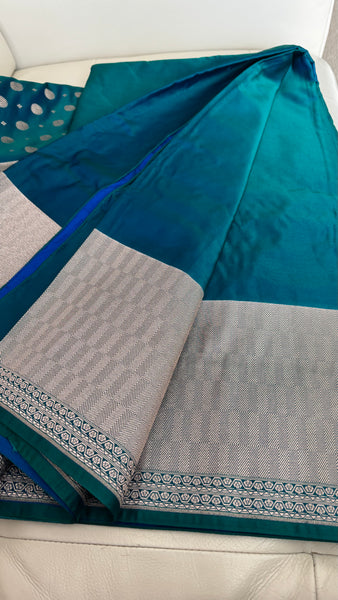 Soft Banarasi Silk Saree Iridescent Peacock Blue With Zari Border