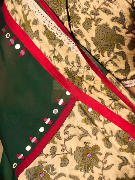 Dark Green Silk Saree with Natural Floral Print Border