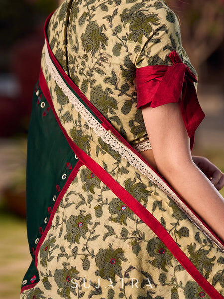 Dark Green Silk Saree with Natural Floral Print Border