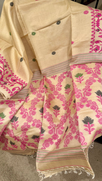 Pink Handwoven Pure Tussar Silk Jamdani Saree