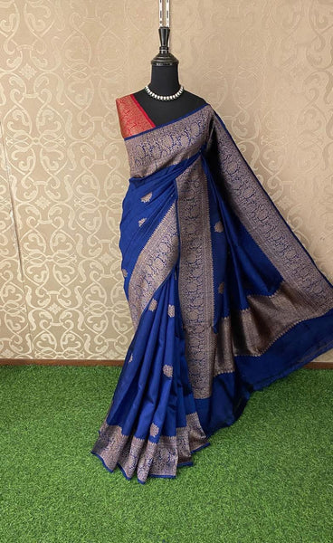 Deep Blue Banarasi Tussar Silk Saree with Antique Zari!