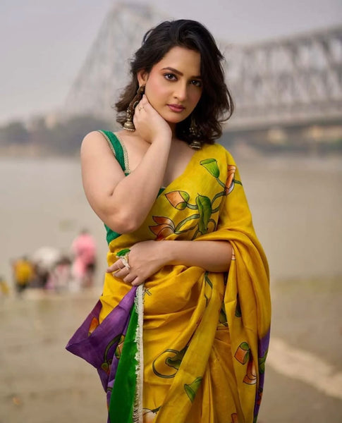 Mustard & Purple Bishnupuri Silk Saree with Handcrafted Floral Motifs