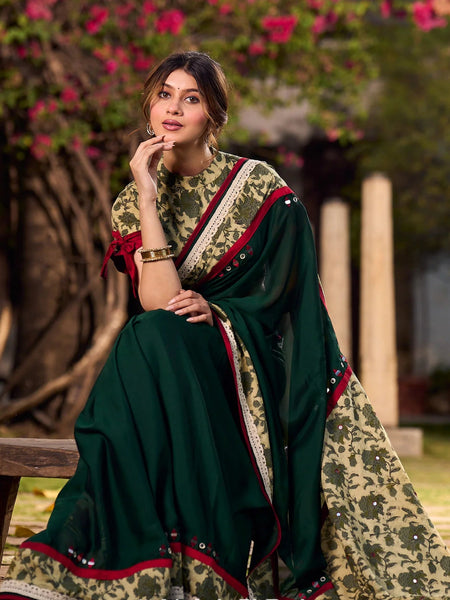 Dark Green Silk Saree with Natural Floral Print Border