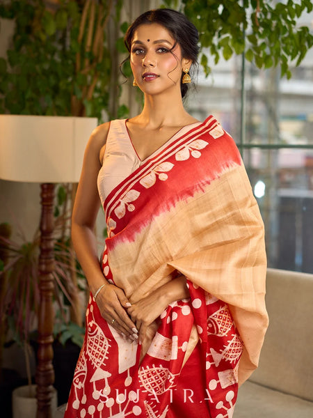 Red Pure Silk Saree with Tan Warli Art Print & Folk Motif Pallu