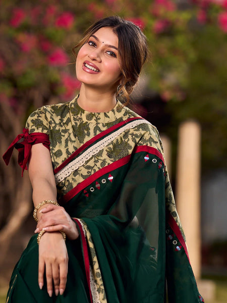 Dark Green Silk Saree with Natural Floral Print Border