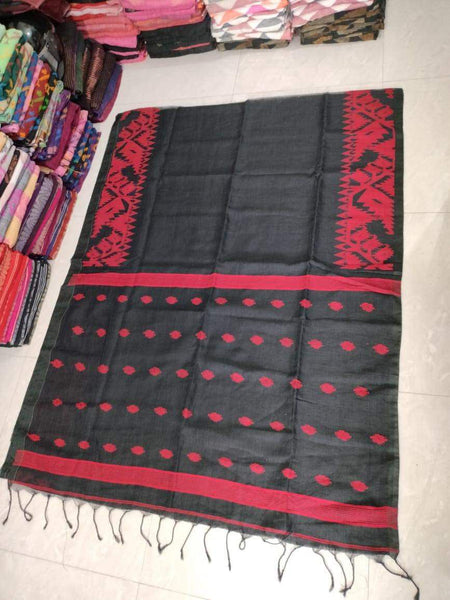 Red and Black Organic Linen Jamdani Saree