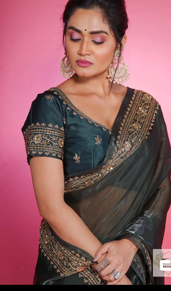 Dark Green Glassy Organza Saree