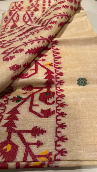 Red Handwoven Pure Tussar Silk Jamdani Saree