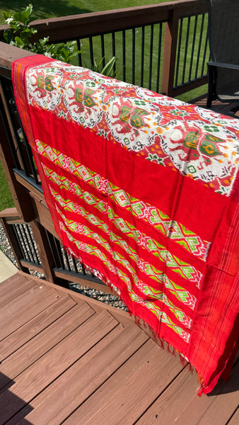 Pure Pochampally Double Weaving Ikat Silk Patola White Red Saree