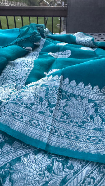 Teal Pure Handwoven Khaddi Banarasi Chiffon Georgette Saree