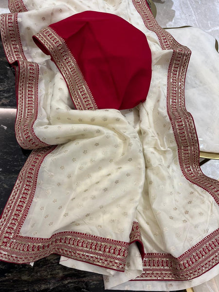 Off-White and Red Georgette Chiffon Zardosi Saree