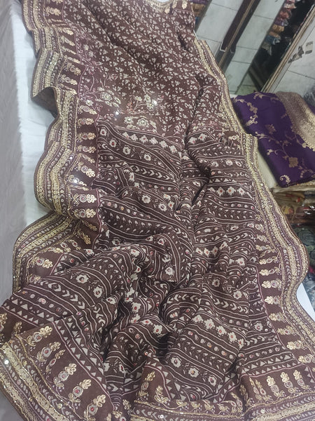Bollywood Kareena Kapoor Chocolate Brown Georgette Block Print Silk Saree with Embroidery