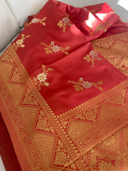 Rust Orange Dual Tone Gold and Silver Soft Silk Saree