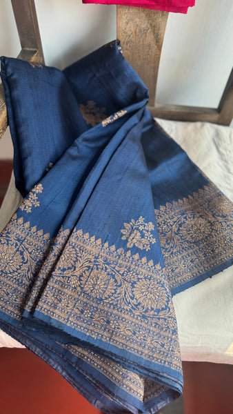 Deep Blue Banarasi Tussar Silk Saree with Antique Zari!